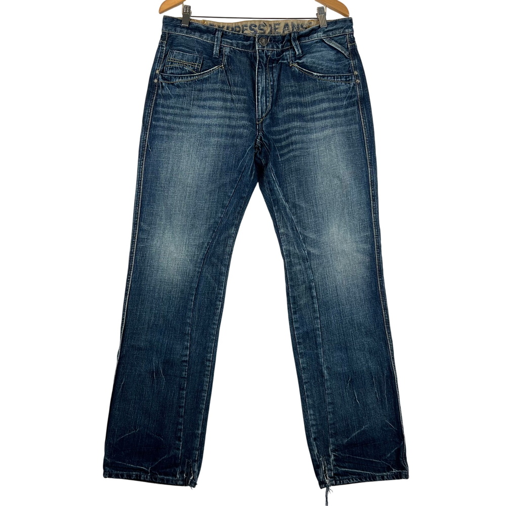 VTG Express Rocco Jeans Mens 36x34‎ Y2K Slim Fit Low Rise Wide Leg Denim Blue